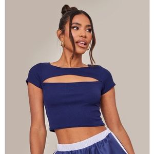 Pretty Little Thing Navy Rib Cut Out Short Sleeve Crop Top